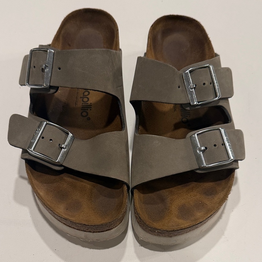 Papillio Taupe Double Strap Sandals with Silver Buckles